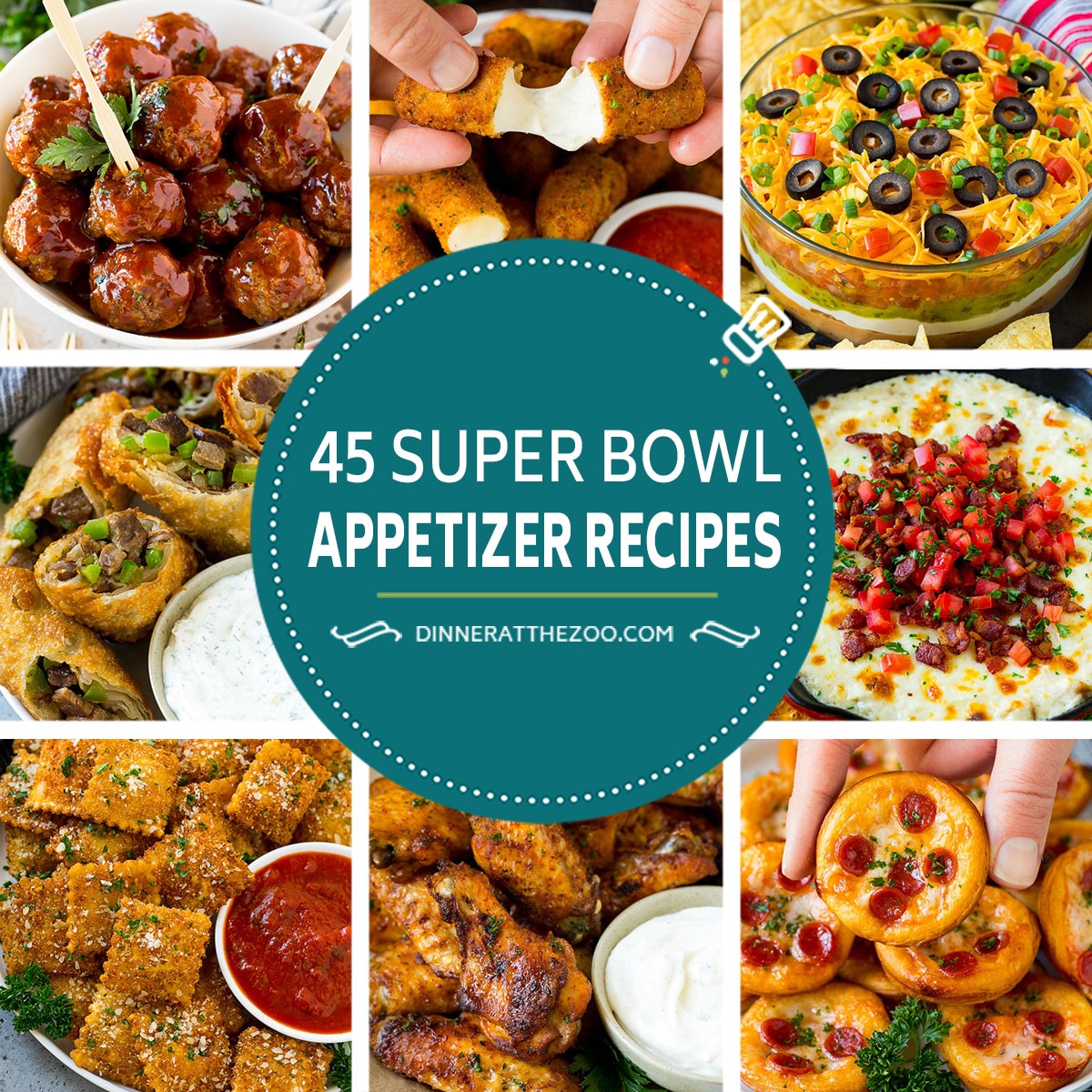 Several pictures of Super Bowl appetizer recipes including 7 layer dip, baked chicken wings and Philly cheesesteak eggrolls.
