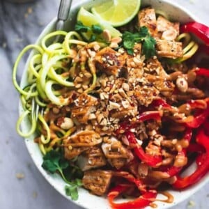 A picture of Thai peanut chicken zucchini noodles.