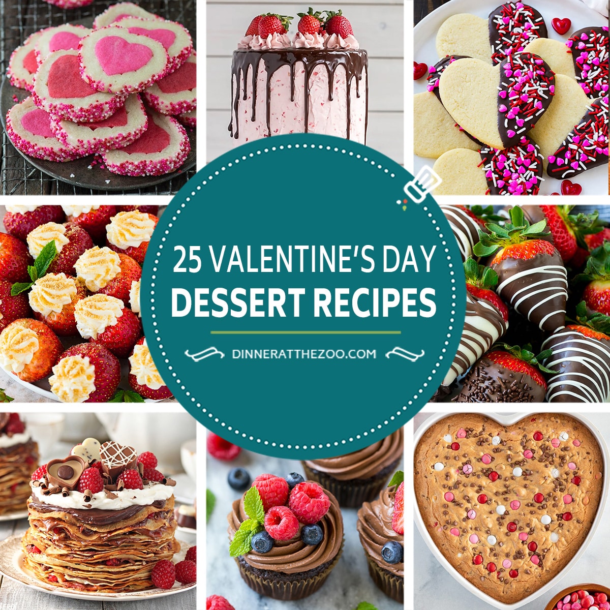 A group of images of Valentine's Day dessert recipes such as heart cookies, chocolate strawberry cake and hazelnut cupcakes.