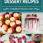 A group of images of Valentine's Day dessert recipes like cheesecake stuffed strawberries, chocolate strawberry cake and chocolate hazelnut cupcakes.