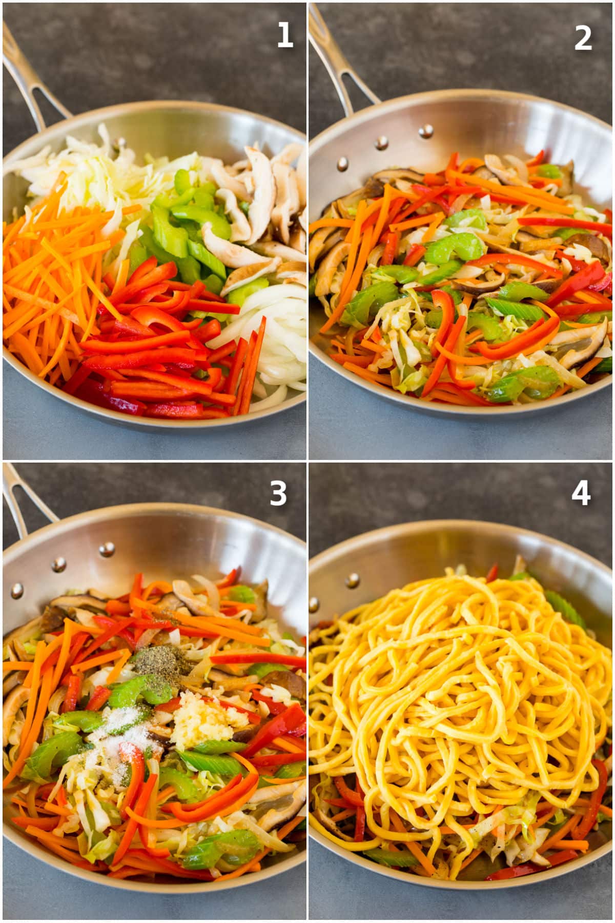 Step by step photos showing how to cook vegetables and noodles.