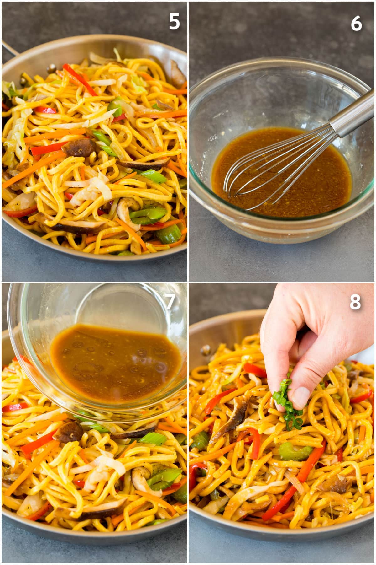 Process shots showing how to make veggie lo mein.