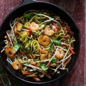 An image of a skillet with zucchini noodle pad thai.