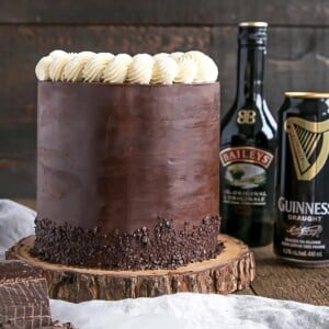 An image of a whole chocolate cake made with Bailey's and Guinness.