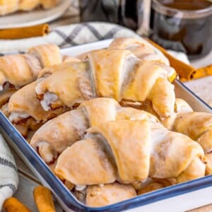 A picture of cinnamon crescent rolls in a baking dish.