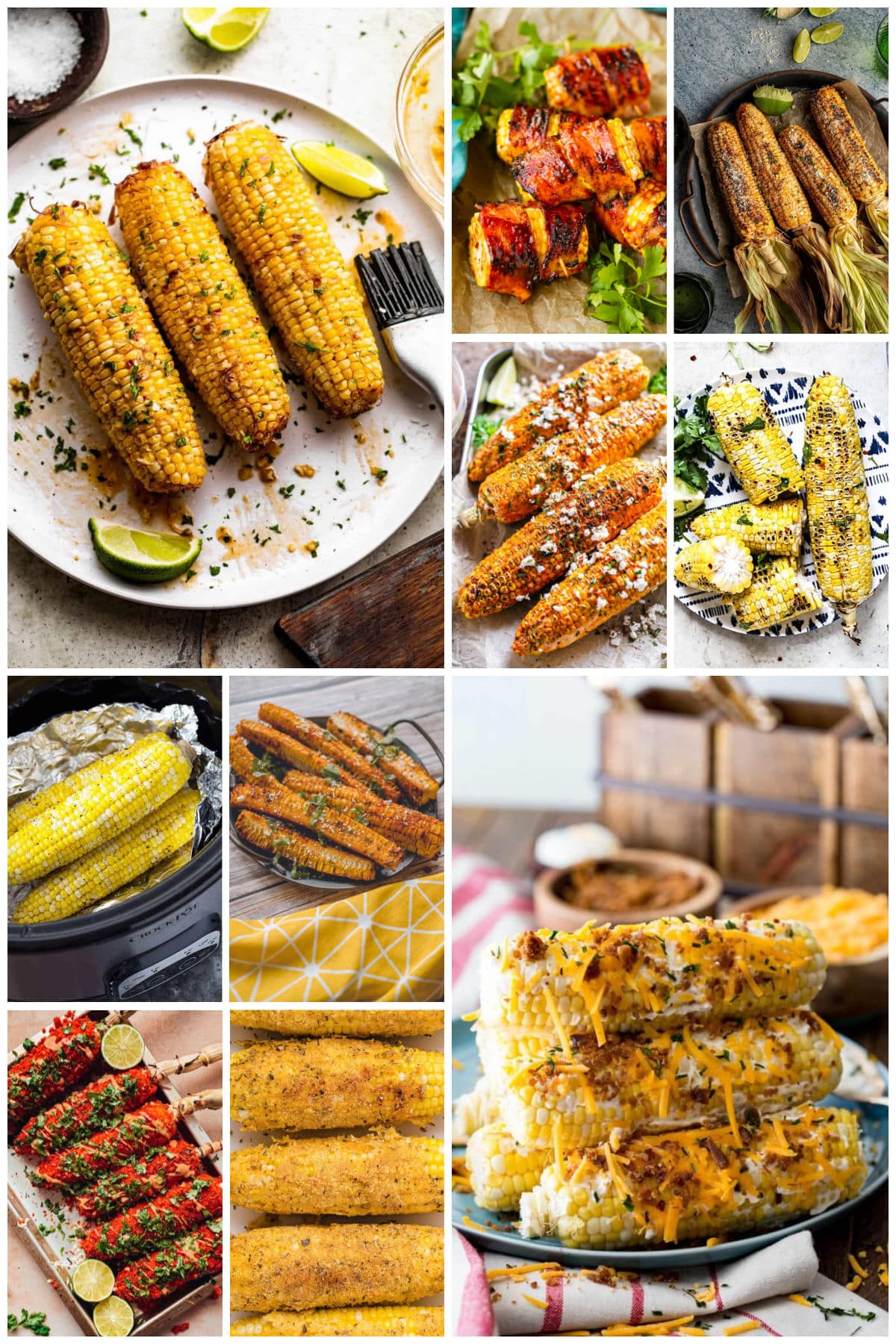 A group of delicious corn on the cob recipes like corn ribs, bacon wrapped corn and fried corn on the cob.