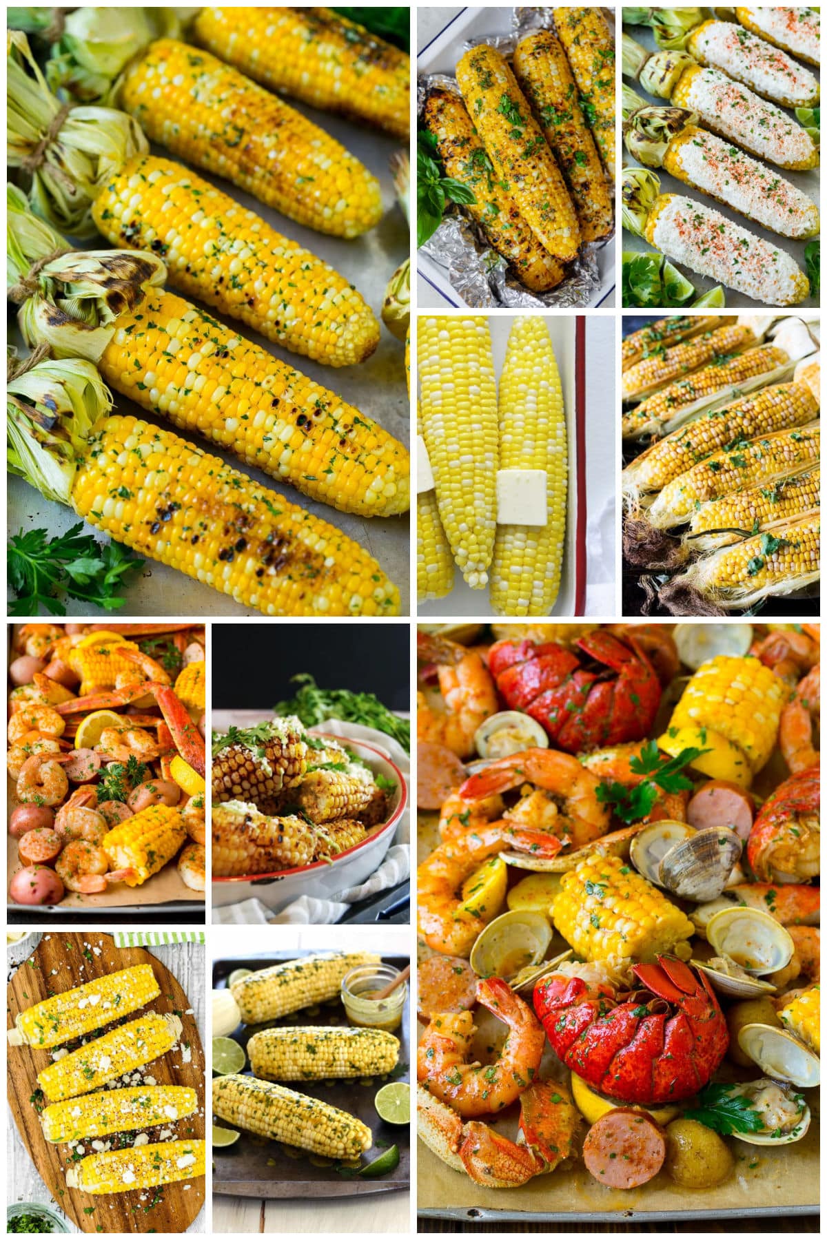 Images of corn dishes such as grilled corn, a seafood boil and instant pot corn on the cob.