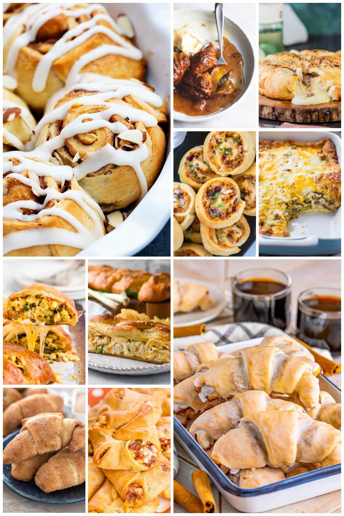 A group of pictures of crescent roll recipes such as almond cinnamon buns, a breakfast crescent ring and barbecue chicken pizza pinwheels.