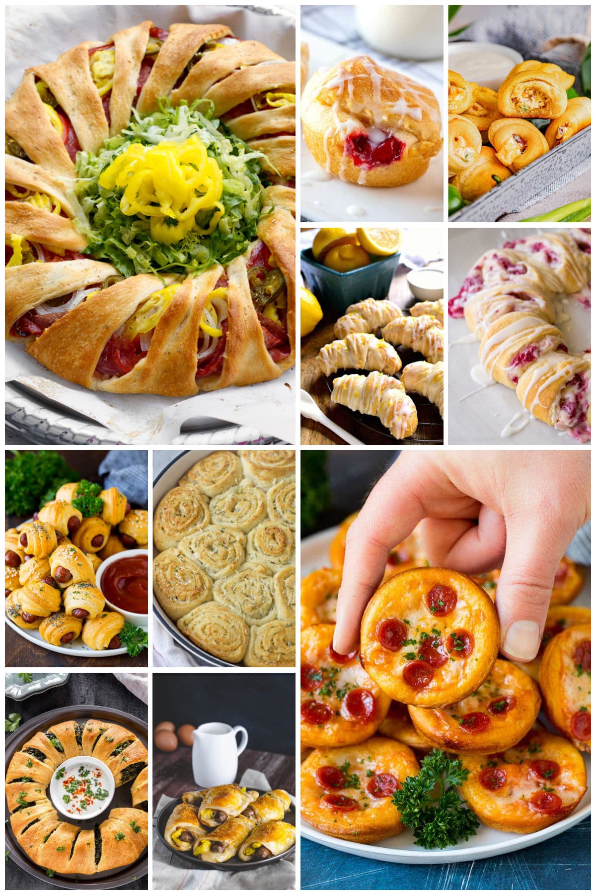 A collection of images of delicious crescent roll recipes like mini pizzas, lemon raspberry cream cheese danish rolls and jalapeno popper puffs.