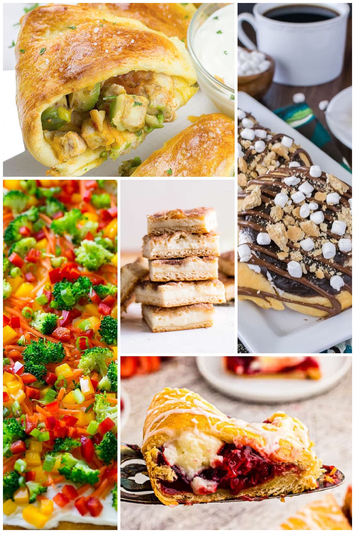 A collection of flaky crust foods such as veggie pizza, a strawberry cheesecake crescent ring and sopapilla cheesecake bars.