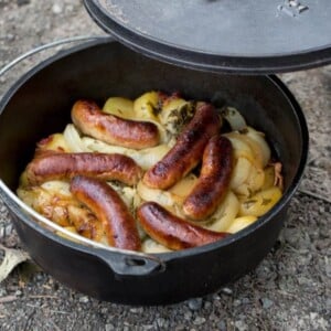 An image of a Dublin coddle in a cast iron pot.