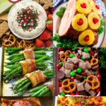 A collection of images of festive holiday recipes like reindeer chow, glazed carrots and green bean bundles.