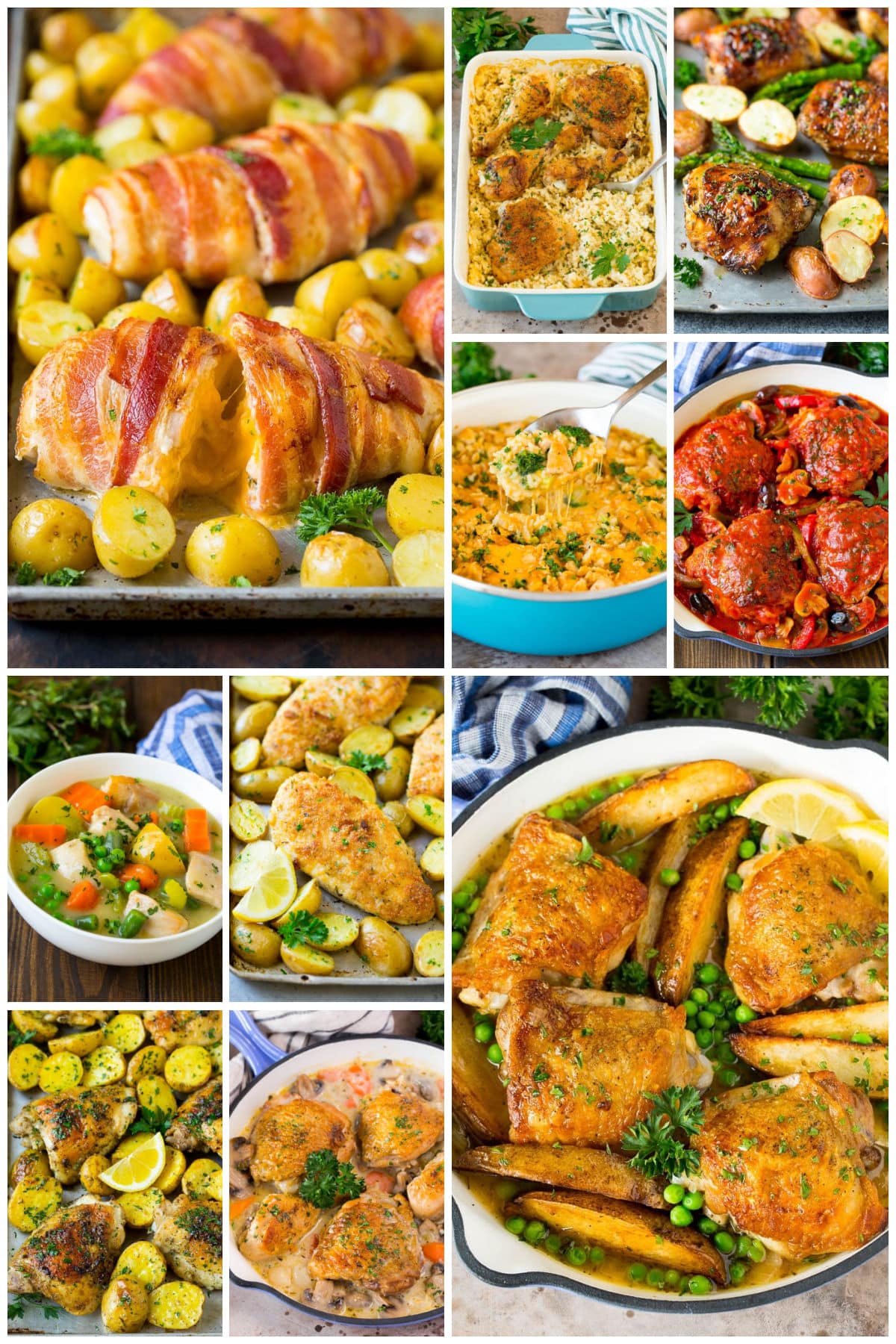 Several images in a collage of one pot chicken recipes like chicken stew, bacon wrapped stuffed chicken breast and balsamic chicken.