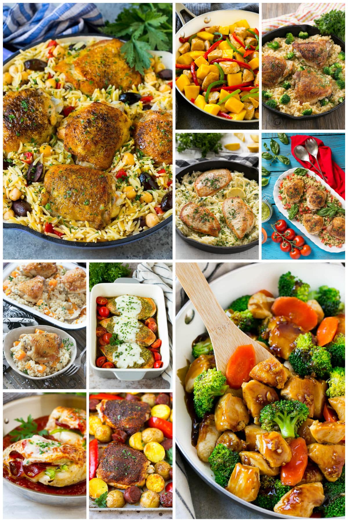 A collage of recipes in a single dish such as mango chicken, honey garlic chicken stir fry and pizza stuffed chicken.