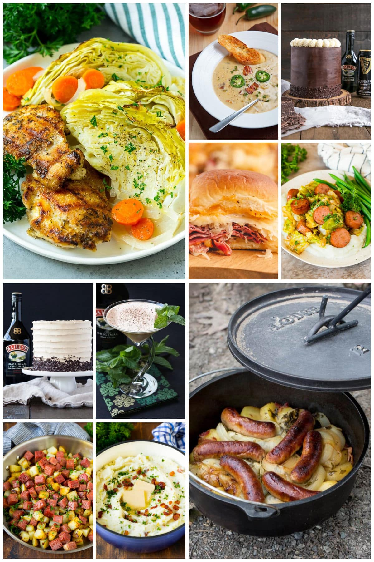 A collection of pictures of St. Patrick's Day recipes including corned beef hash, baked Reuben sliders and colcannon.