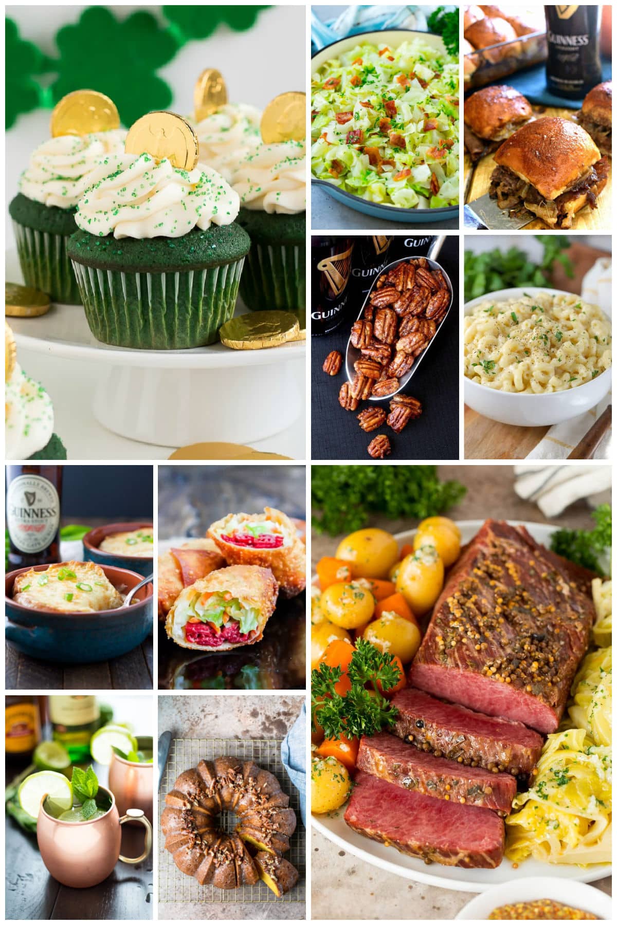 A group of images of delicious Saint Patrick's Day recipes such as instant pot corned beef, green velvet cupcakes and Guinness Irish cheddar macaroni and cheese.