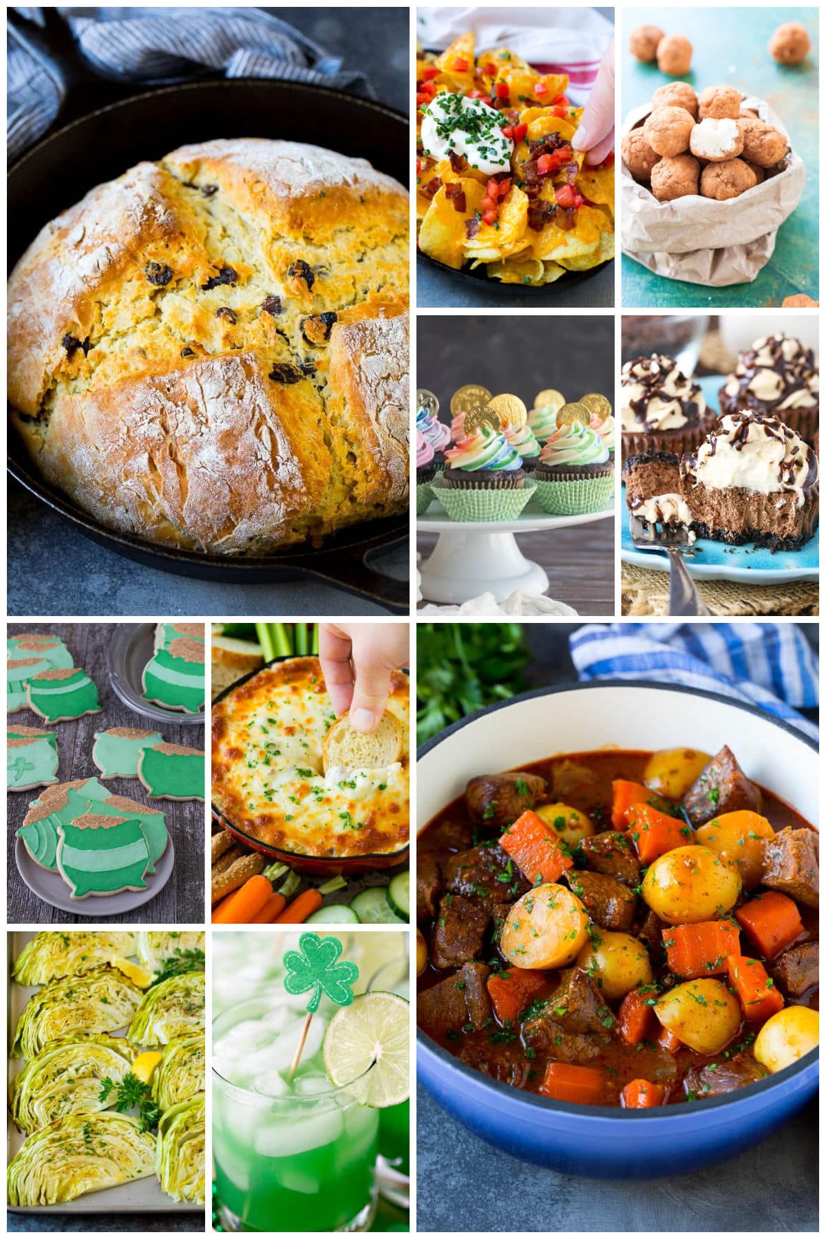A group of festive green holiday dishes such as roasted cabbage, Irish stew and Reuben dip.