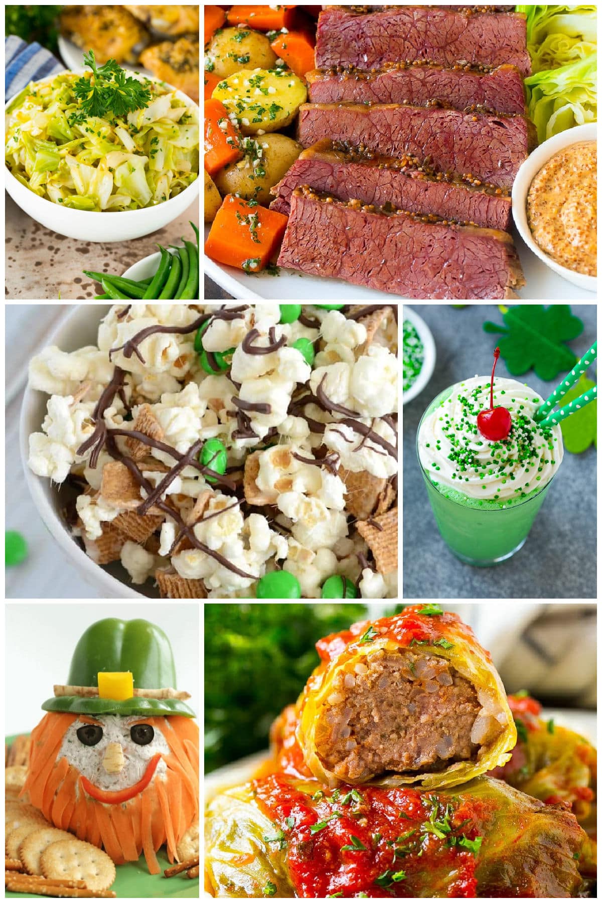 A group of pictures of festive green foods like slow cooker corned beef, sauteed cabbage and a shamrock shake.