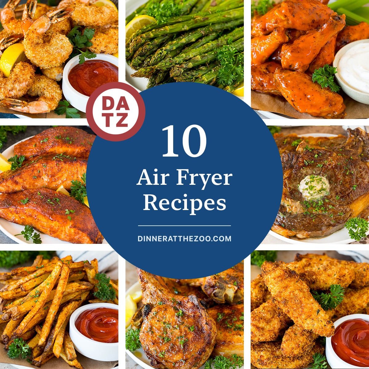 A collection of amazing air fryer recipes for any occasion including chicken wings, shrimp and pork chops.