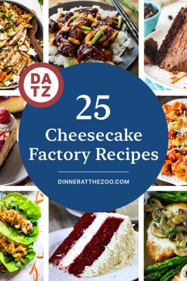 A group of Cheesecake Factory recipes including chicken madeira, red velvet cheesecake and spicy cashew chicken.