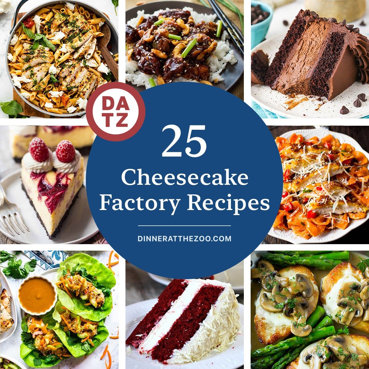 A group of Cheesecake Factory recipes including chicken madeira, red velvet cheesecake and spicy cashew chicken.