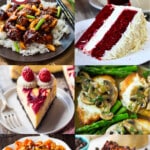 A group of delicious Cheesecake Factory recipes such as Thai lettuce wraps, Hershey Bar cheesecake and white chocolate raspberry cheesecake.