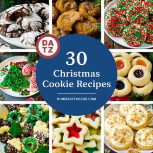 A collection of festive Christmas cookie recipes including spritz cookies, thumbprint cookies and eggnog cookies.