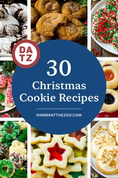 A collection of festive Christmas cookie recipes including spritz cookies, thumbprint cookies and eggnog cookies.