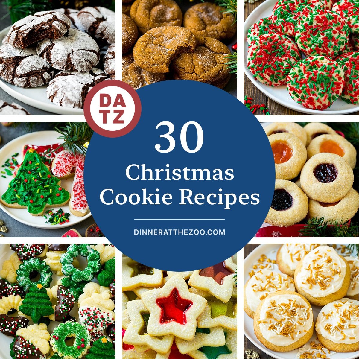 A collection of festive Christmas cookie recipes including spritz cookies, thumbprint cookies and eggnog cookies. 