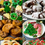 A collection of festive Christmas cookie recipes including favorites like molasses cookies, stained glass cookies and chocolate crinkle cookies.