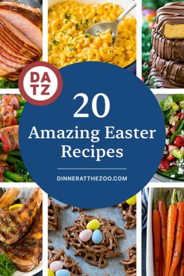 A group of images of amazing Easter recipes including honey roasted carrots, grilled lamb chops and stovetop mac and cheese.