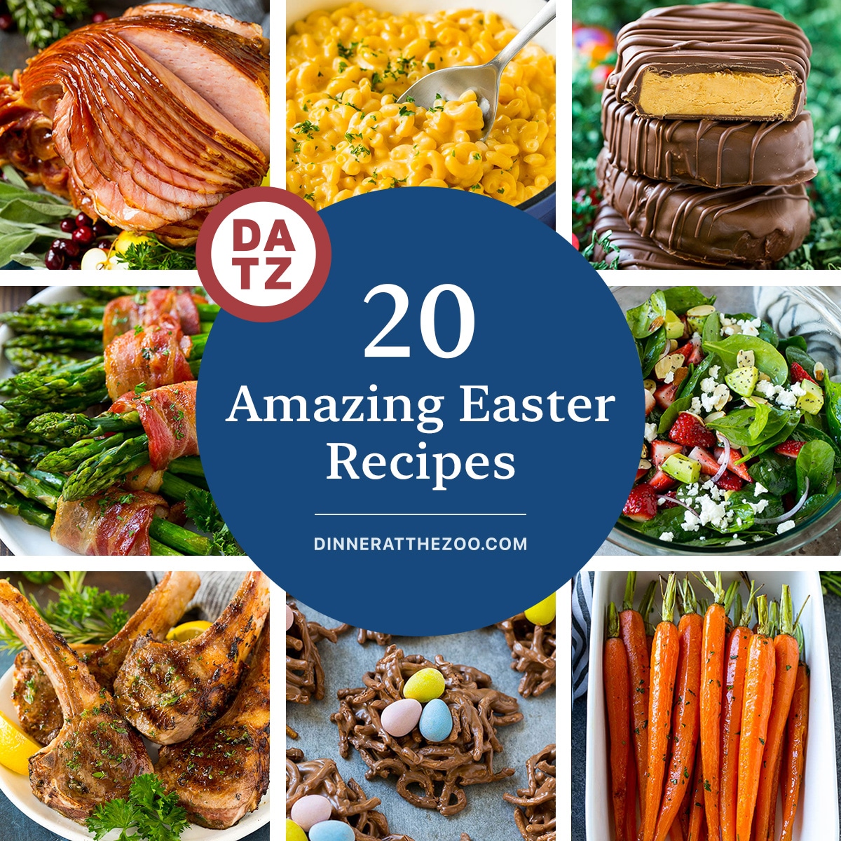 A group of images of amazing Easter recipes including honey roasted carrots, grilled lamb chops and stovetop mac and cheese.