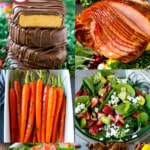 A collection of pictures of amazing Easter recipes such as bacon wrapped asparagus, peanut butter eggs and ham with pineapple and cherries.