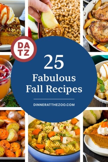 A group of fabulous fall recipes like caramel apple dip, homemade pumpkin pie and apple cobbler.