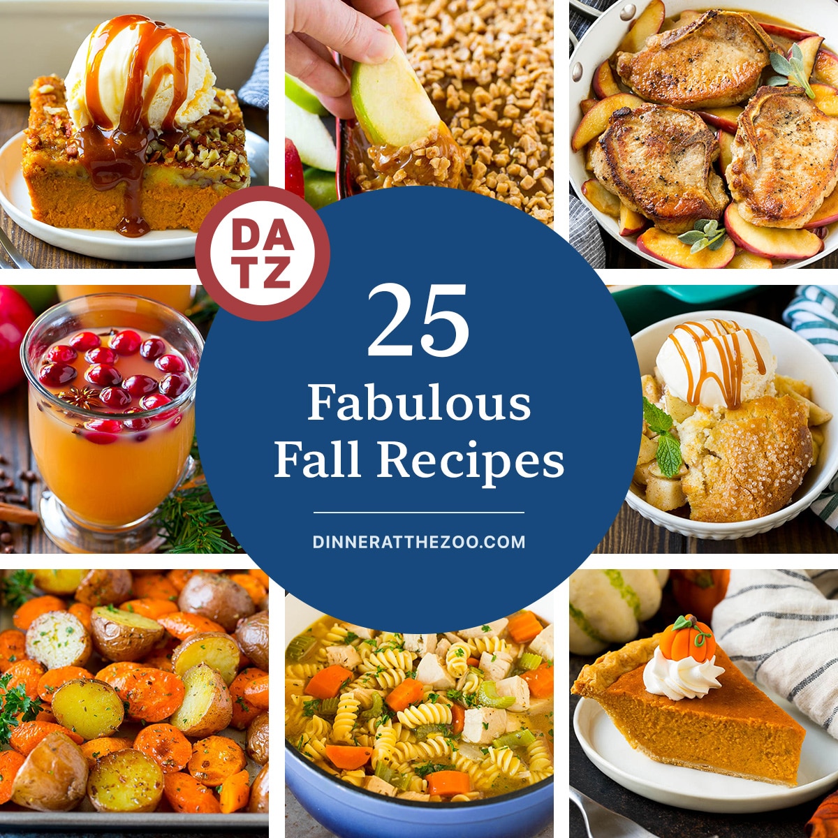 A group of fabulous fall recipes like caramel apple dip, homemade pumpkin pie and apple cobbler.
