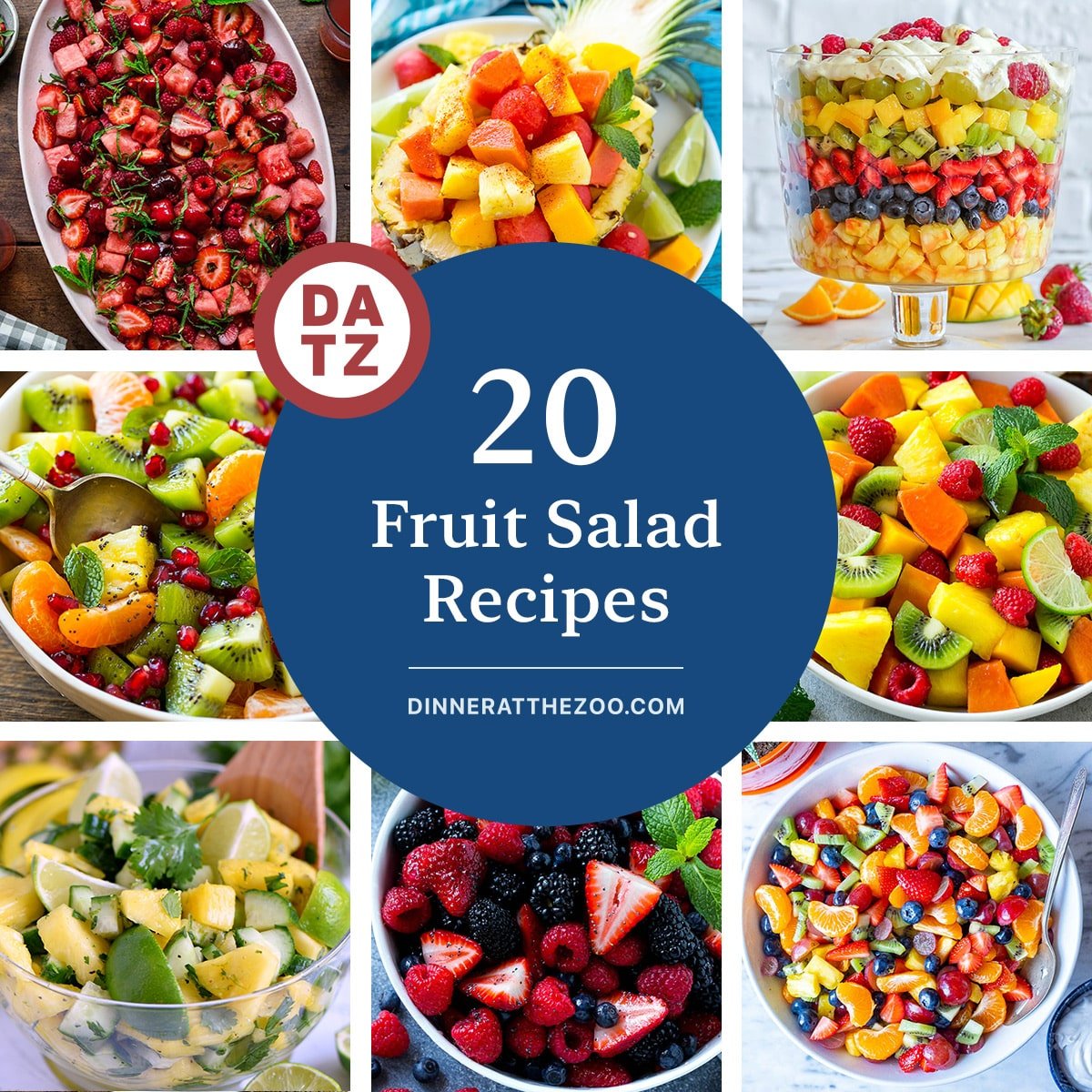 A group of fabulous fruit salad recipes like berry fruit salad and tropical fruit salad.