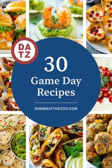 A group of images of game day recipes like southwestern egg rolls, sausage cheese balls and white queso dip.