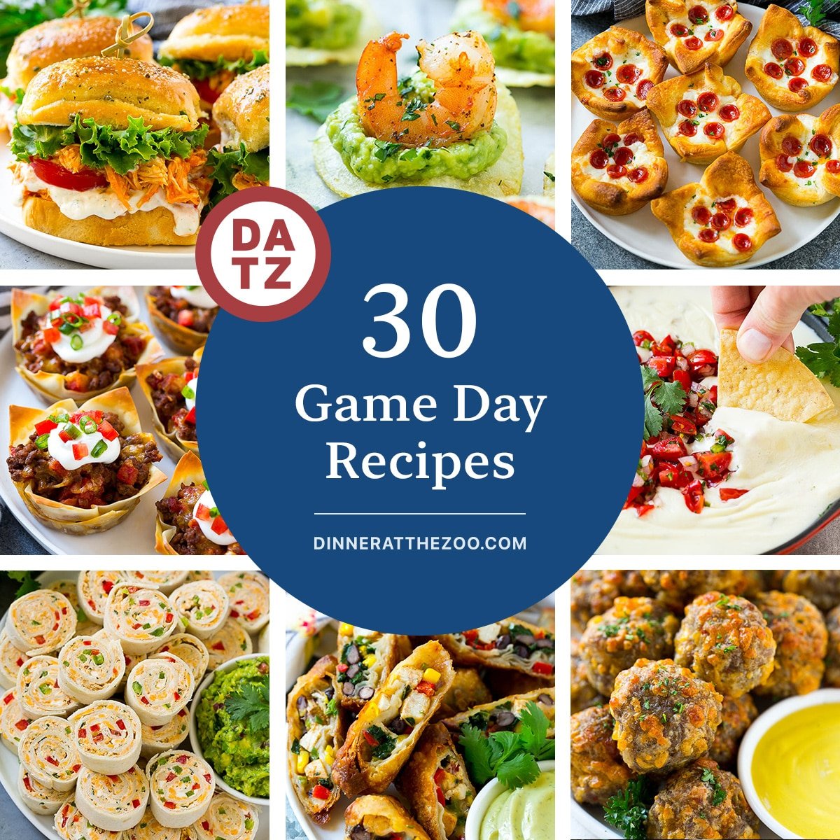 A group of images of game day recipes like southwestern egg rolls, sausage cheese balls and white queso dip.