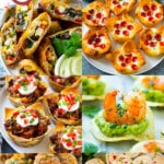 A collection of pictures of fantastic game day recipes including Mexican shrimp bites, taco cups and taco pinwheels.
