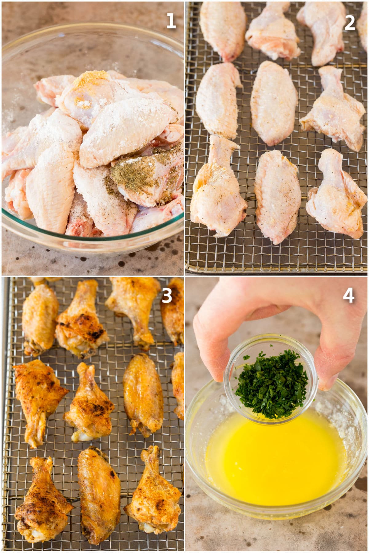 Step by step process shots showing how to cook chicken wings and make garlic butter.