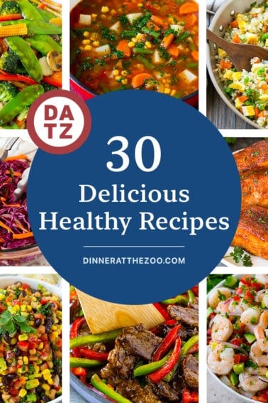 A list of delicious healthy recipes including vegetable stir fry, red cabbage slaw and air fryer salmon.