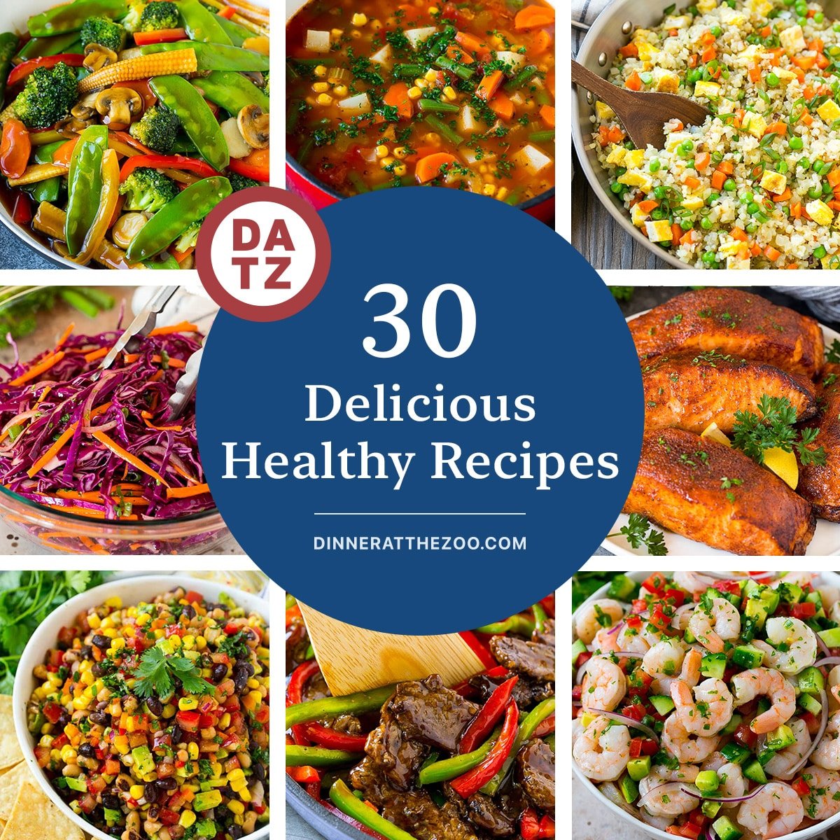 A list of delicious healthy recipes including vegetable stir fry, red cabbage slaw and air fryer salmon.