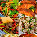 A group of delicious healthy recipes like shrimp ceviche, cauliflower fried rice and pepper steak.
