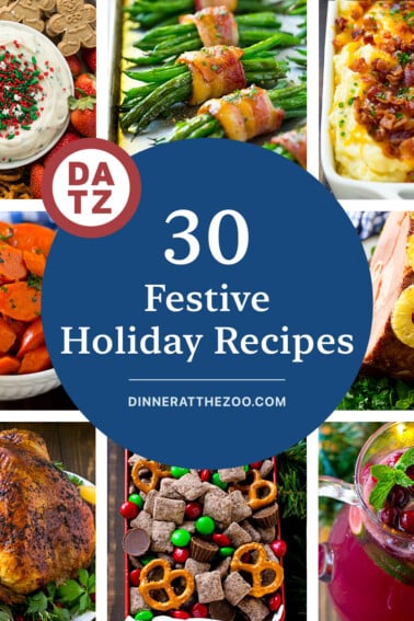 A group of images of festive holiday recipes like herb roasted turkey, Christmas cookie dough dip and loaded mashed potato casserole.