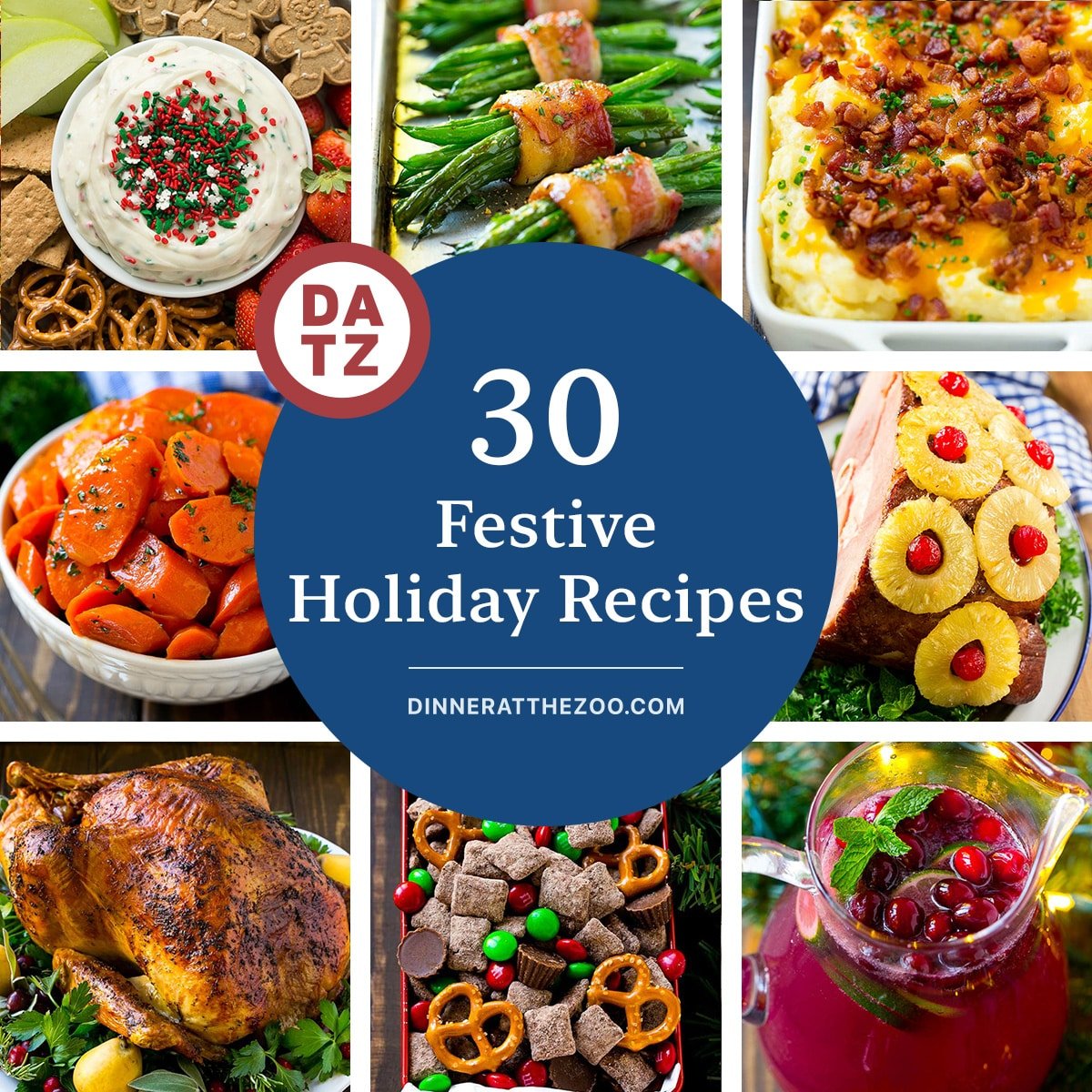 A group of images of festive holiday recipes like herb roasted turkey, Christmas cookie dough dip and loaded mashed potato casserole.