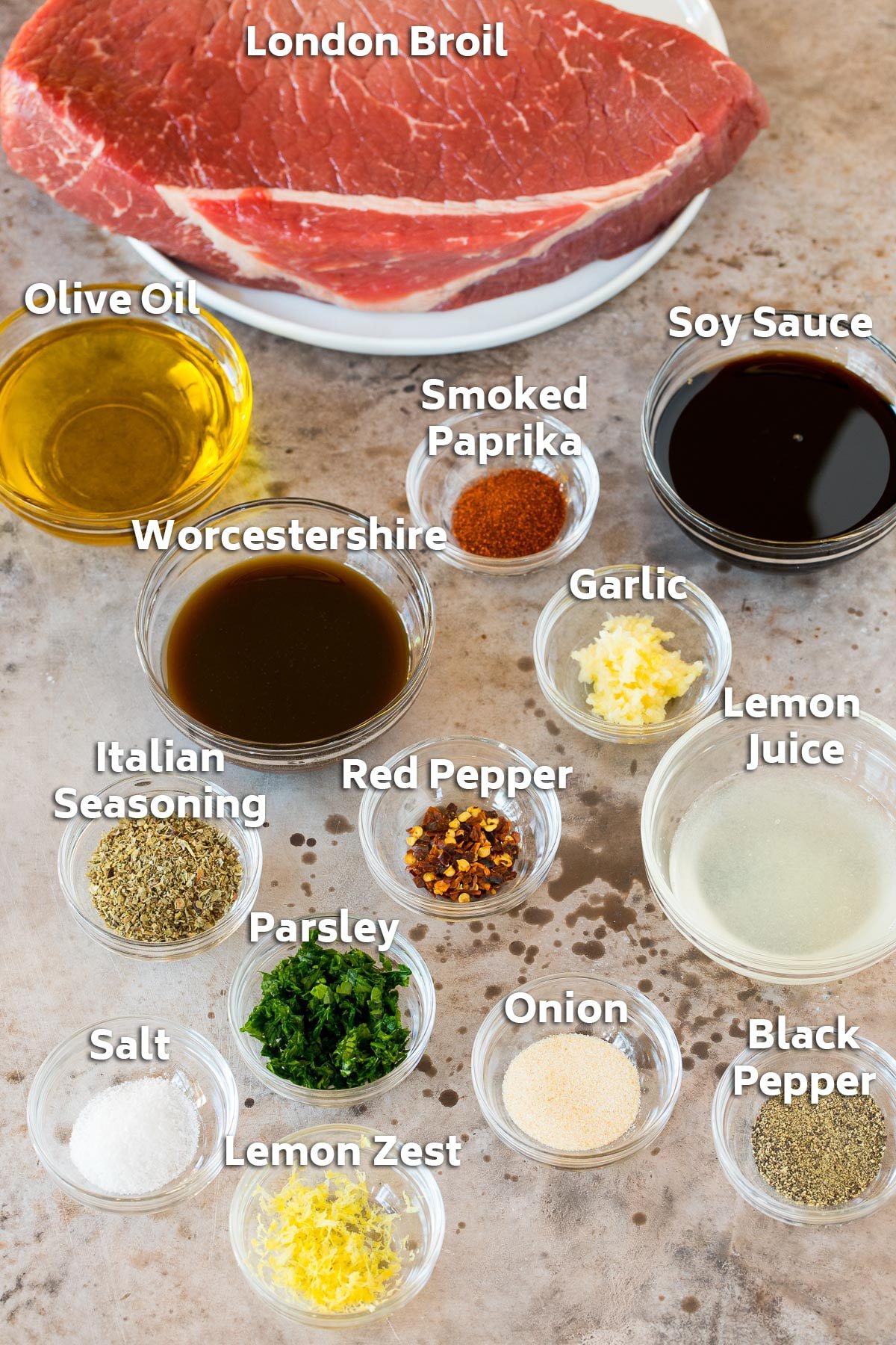 Ingredients including beef, olive oil, soy sauce, garlic and seasonings.