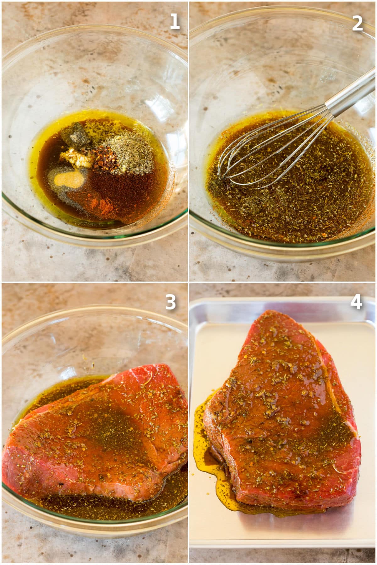 Step by step process shots showing how to marinate London broil.