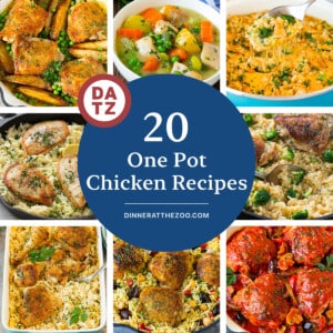 A collection of images of one pot chicken recipes including Mediterranean chicken, chicken Vesuvio and chicken stew.