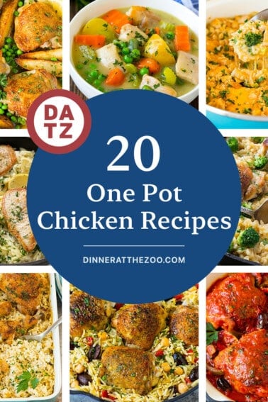 A collection of images of one pot chicken recipes including Mediterranean chicken, chicken Vesuvio and chicken stew.