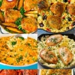 A group of pictures of one pot chicken recipes such as chicken cacciatore, chicken broccoli casserole and chicken and rice casserole.